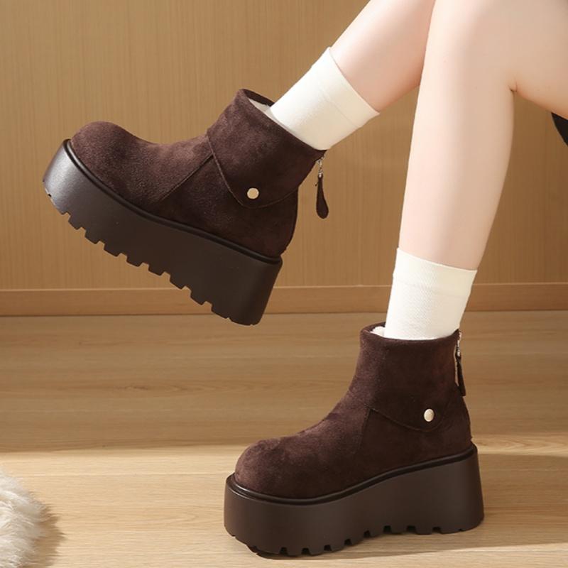Platform Fur Ankle Snow Boots Flats Suede Warm Plush Cotton Shoes Winter High Heels Shoes Woman 2025 Trend Fad Cozy Botas Mujer