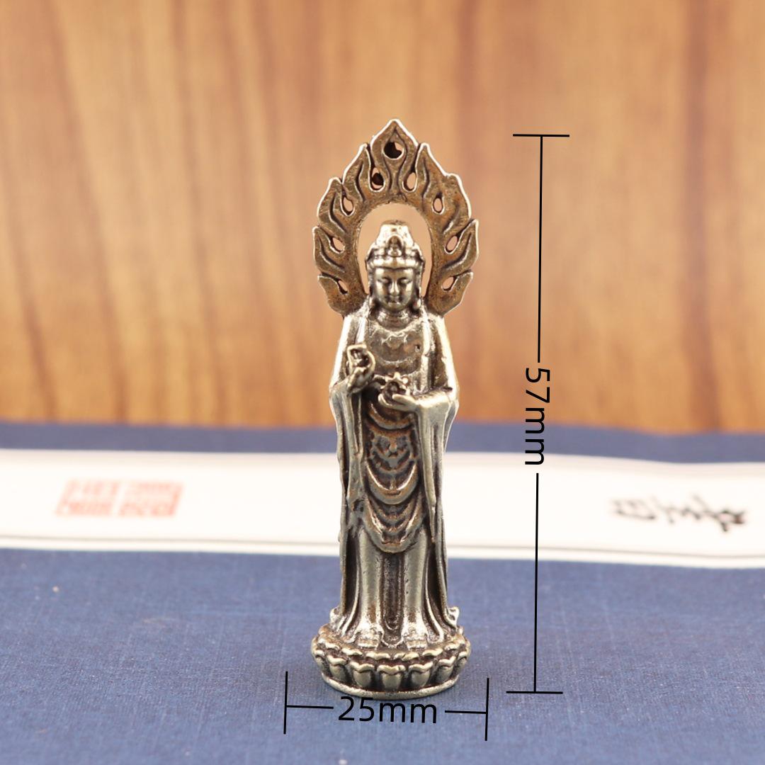 Retro Brass Buddha Guanyin Light Statue - Desktop Deity Ornament, Handheld Pendant, Old Copperware Handicraft.