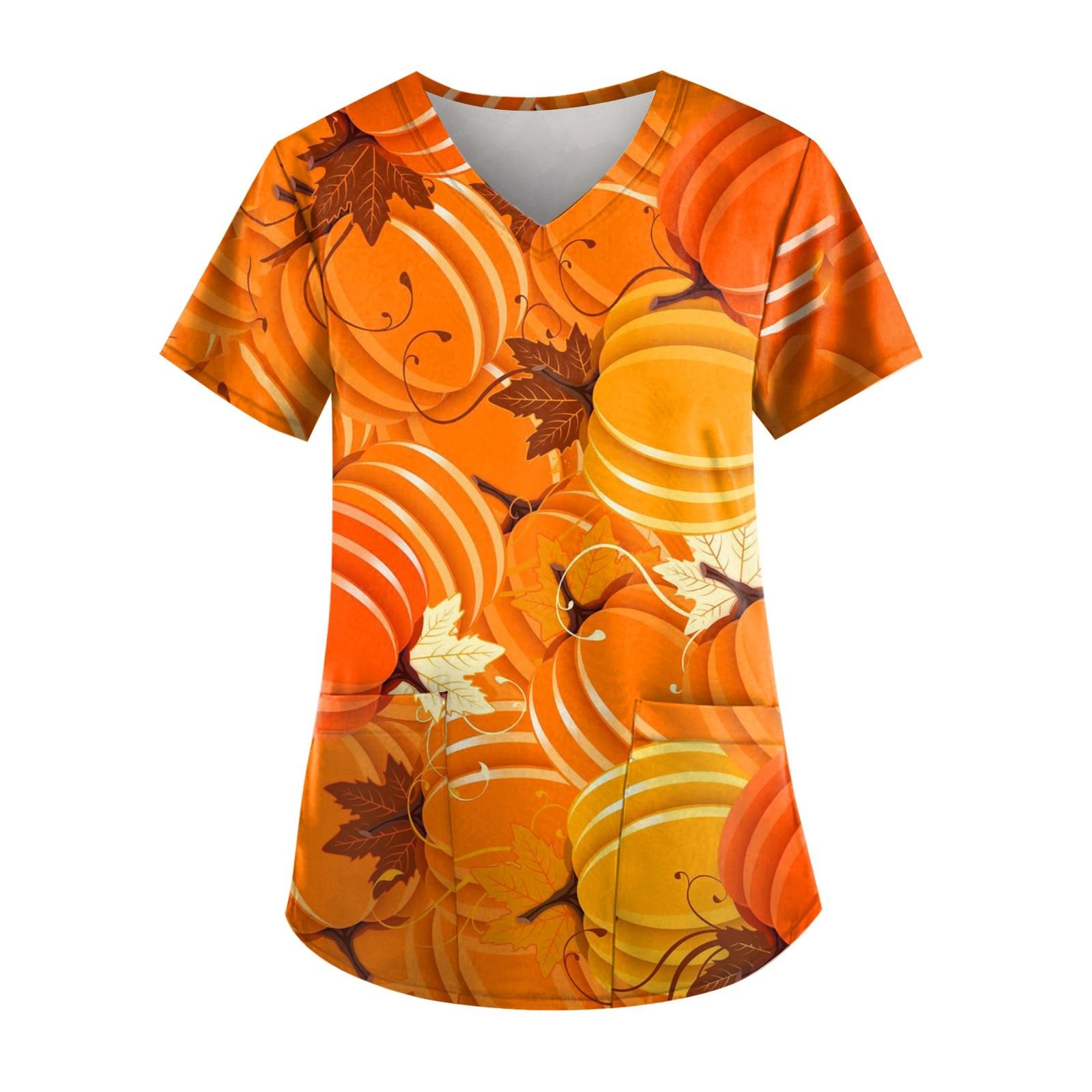 

Женские топы с коротким рукавом и V-образным вырезом для Хэллоуина, карманные рабочие футболки L оранжевый