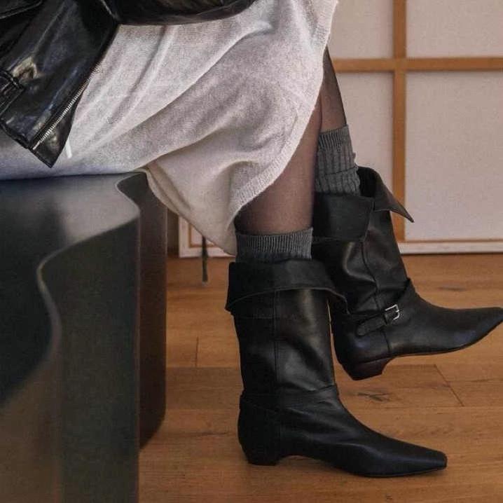 Rindslederversion~ Europäische und amerikanische Retro-Nischen-Gürtelschnalle quadratischer Kopf dicker Absatz gefaltete mittelhohe Stiefel Damen 2025 neue Reiterstiefel