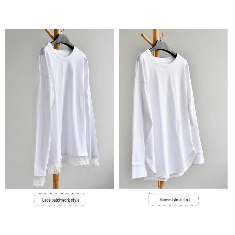 Lace Spliced Plus Size Pure Cotton Long Sleeve T-Shirt - Mid-Length Early Autumn Women's Top