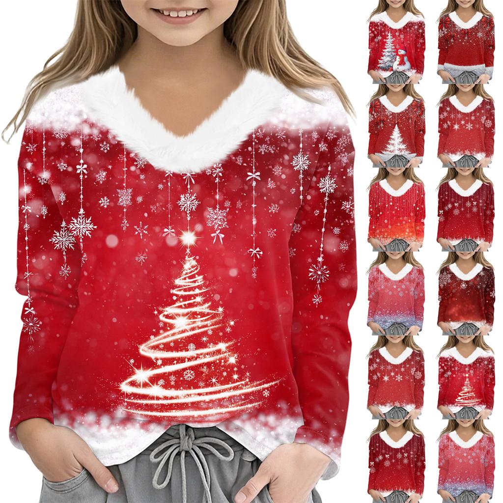 Christmas Day Girls Long Sleeve T Shirts Kids  Girls' V-Neck Tee Christmas Print Long Sleeve Top