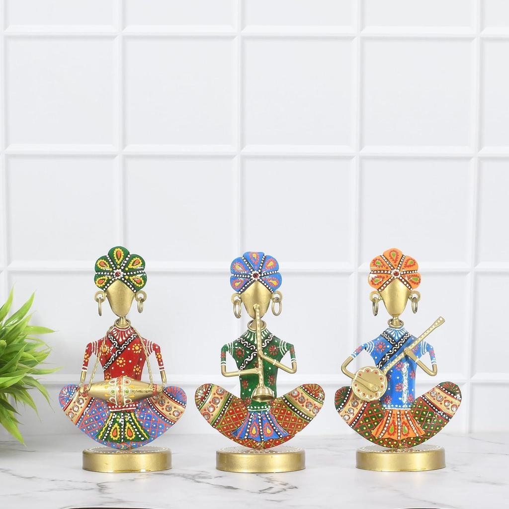 Rajasthani Vintage Musician (Set of 3) | Handicraft Figurine | Home Decor Showpiece for Living Room | | Interior Decoration (Multicolor)