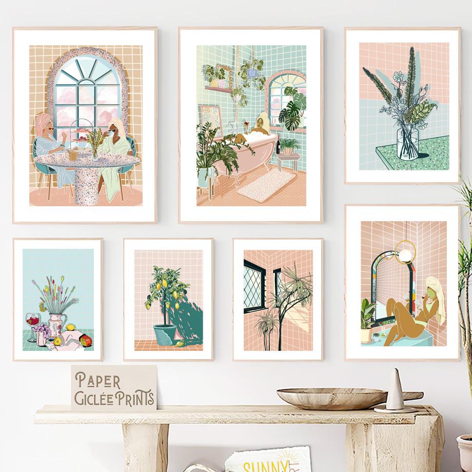 Tub Woman Bubble Bath Lady Tea Party Abstract Art Canvas Painting Nordic Posters And Prints Wall Pictures For Living Room Decor No Frame