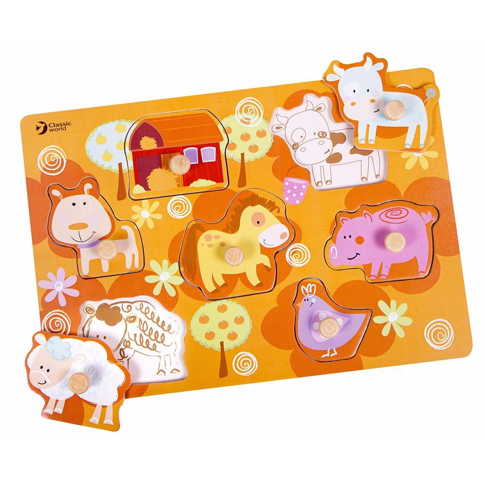 

Classic World Farm Peg Puzzle, Colorful Shape-Matching Puzzle, Pick-Up Puzzle, Wooden Animal Toy for Girls and Boys, Ages 1 and 2, Baby Gift, Toddler