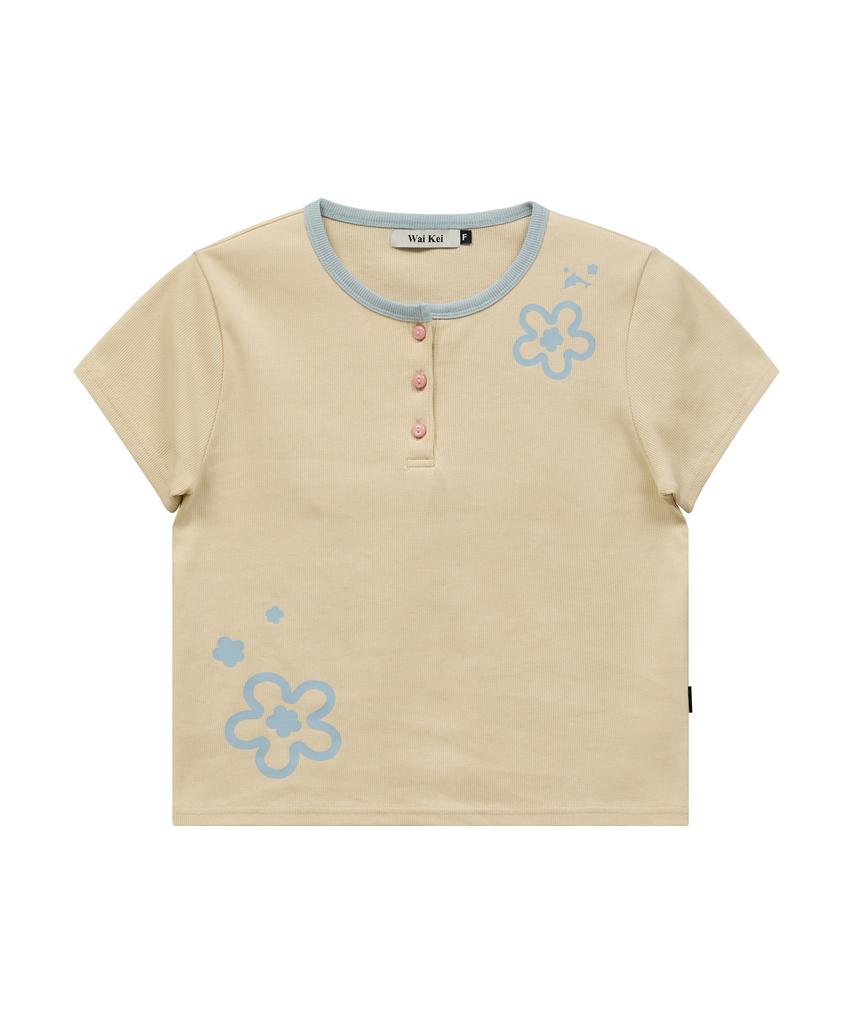 WAIKEI Flower Henley Neck Short Sleeve T-Shirt Lemon