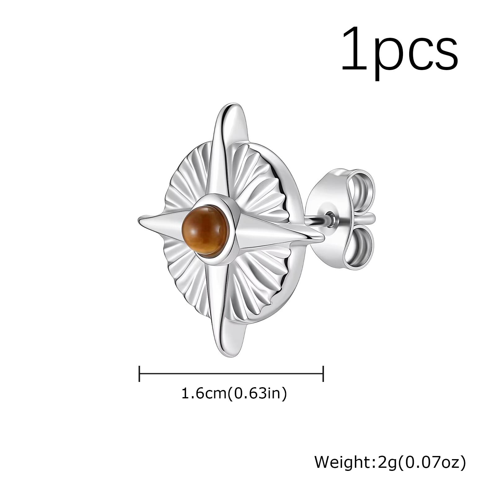 Vnox Stainless Steel Star Compass Stud Earrings for Men, Tiger Eye or Onyx Stone Inlay, 16mm Wide Silver Color Piercing Jewelry