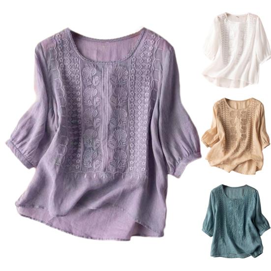 Dámská košile s výstřihem do O, polorukáv, halenka s volným střihem, jednobarevná výšivka, krajka, květinový vzor, ​​retro košile