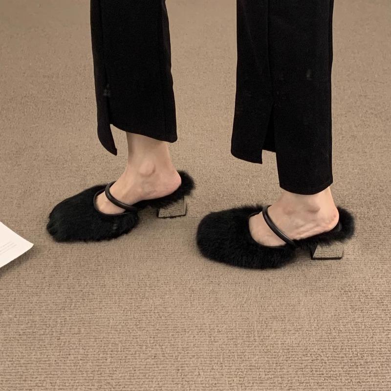 Design Sense Niche Leopard Print Bag Head Half Drag Hair Shoes Women Wear Lazy One Pedal Plush Heel Muller Shoes