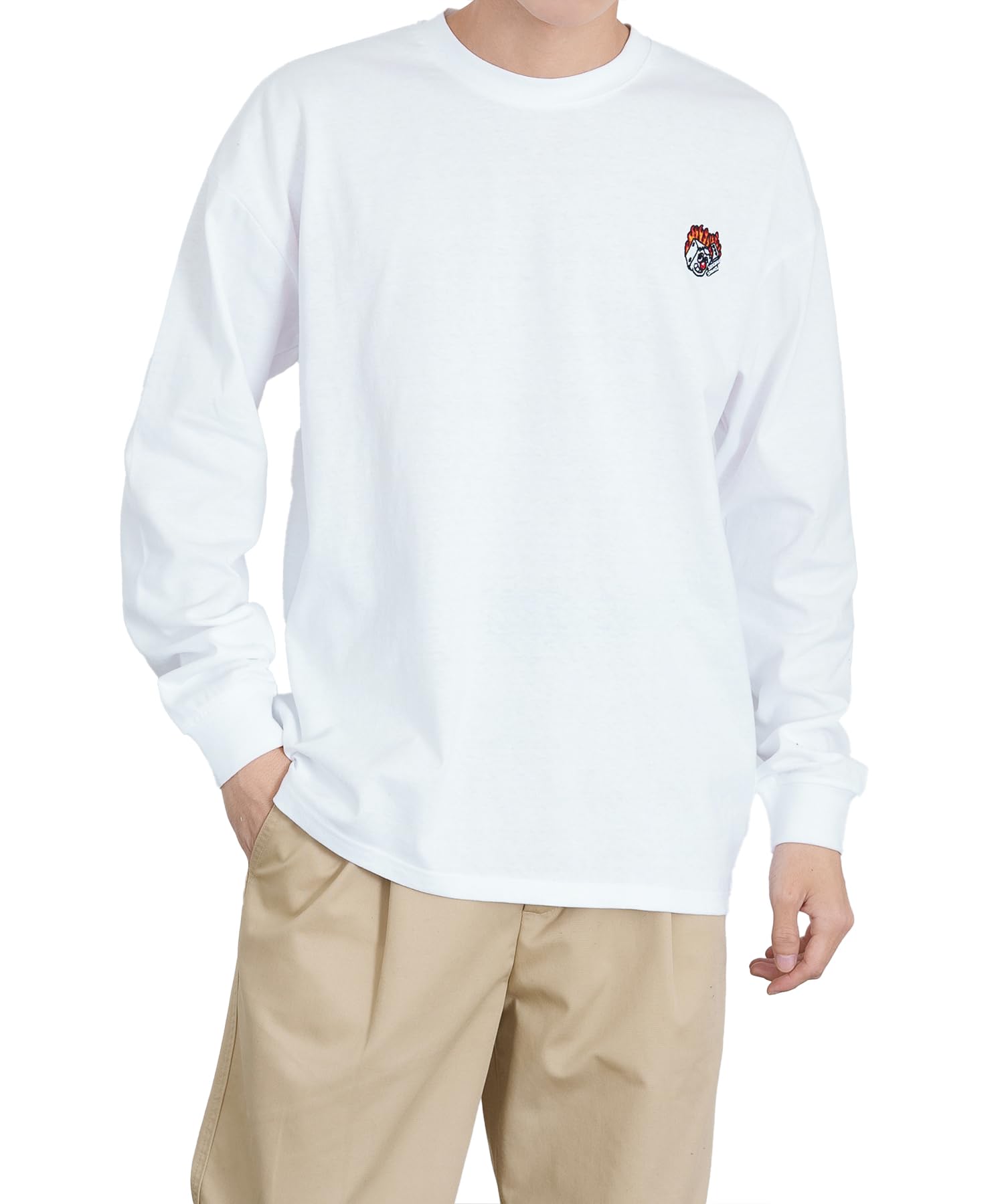 

IMPROMES Casual SIDEWAYSTANCE Embroidered Fire Dice Long Sleeve T-Shirt, Men s, White