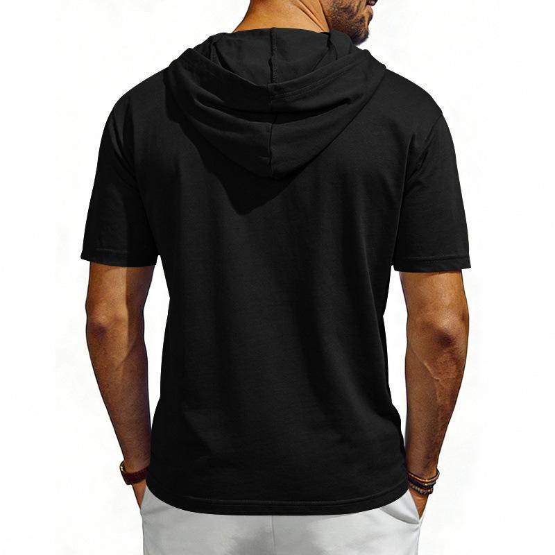 Men's Hooded Henley T Shirt, Summer Short Sleeve Regular Fit Breathable Sports Pullover Top