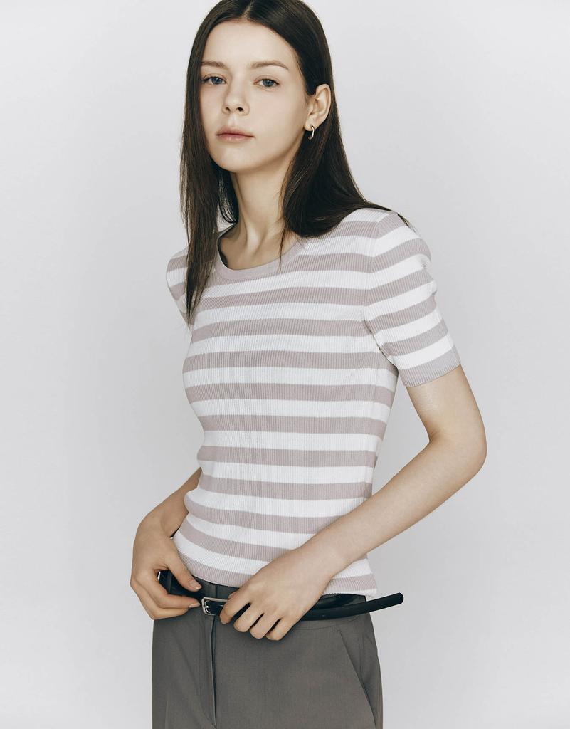 GIORDANO U-Neck Striped Short Sleeve Knit (12Gg) 355534 [3Color]
