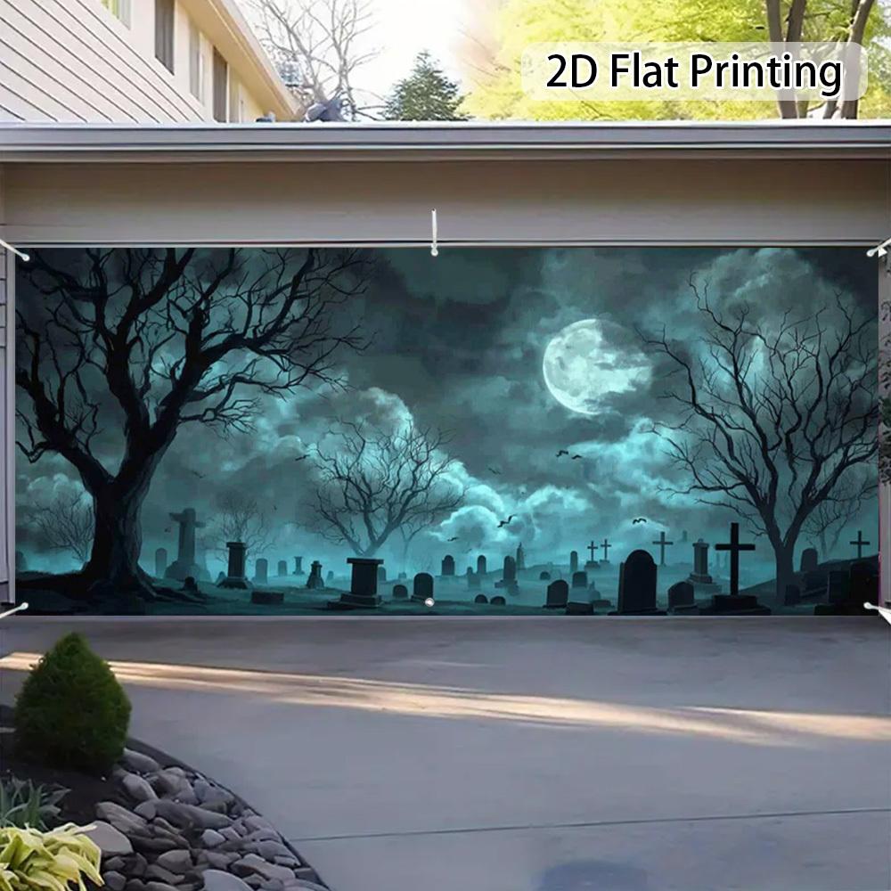 2D curtain banner 1 piece of Halloween moonlit cemetery garage door decoration flag.PMJ