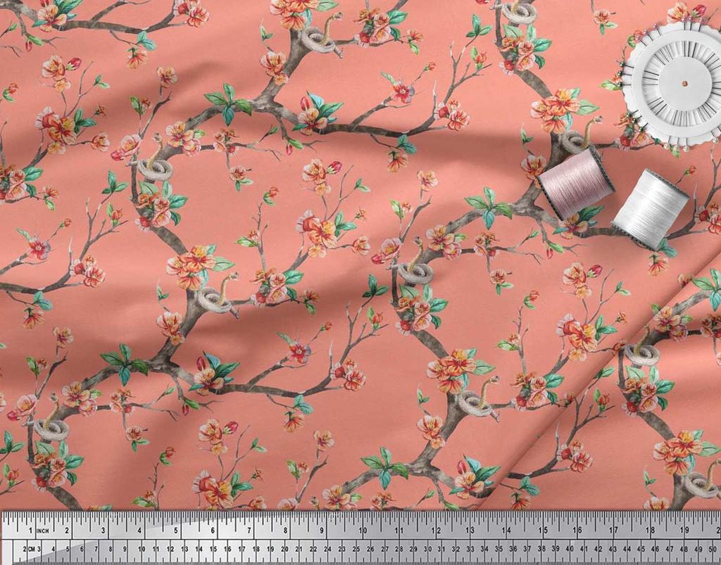 Soimoi Japonská krepová saténová látka Had, listy a květy, květinový potisk v metrech 42 palců