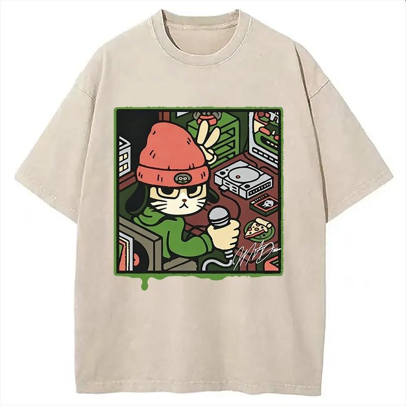 

Harajuku Washed Acid T-shirts Casual Loose Short Sleeve Round Neck Holiday Tees Summer Hiphop Rapper Cat Printed Tops 3XL