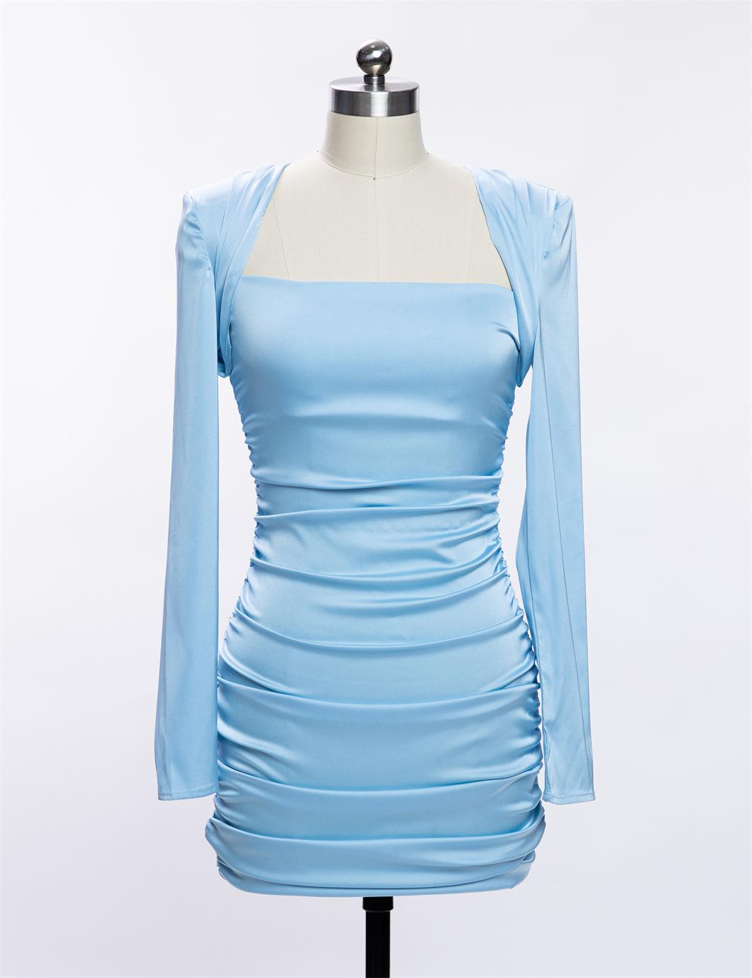

European and American blue celebrity temperament dress chest-wrapped women s clothing new spring long-sleeved pleated tight short skirt women XS синий