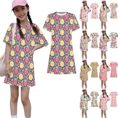 Girls Print Casual Dress Kids Loose Round Neck Short Sleeve Thin Sundress