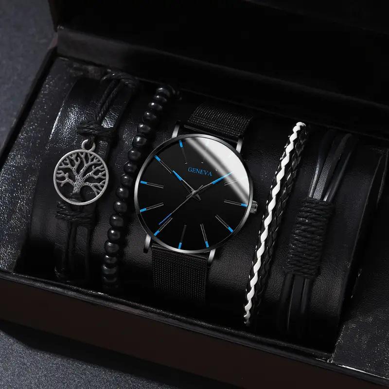 Men's Canvas Quartz Watch & PU Bracelet Set with Single Calendar & Faux Three-Eye Design