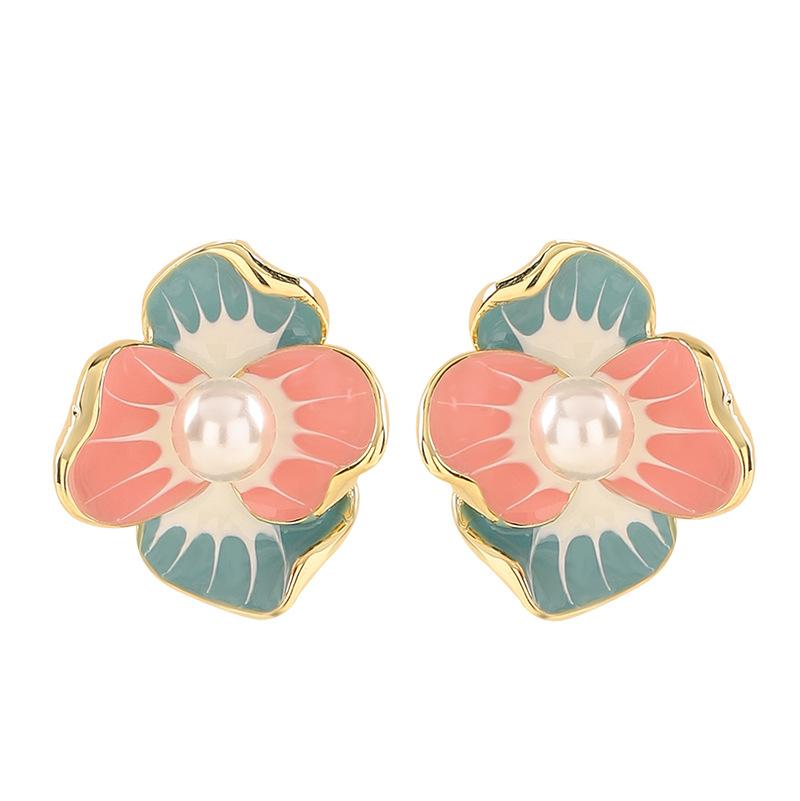 Mori sweet exquisite pastoral enamel drop glaze three-dimensional flower pearl earrings light luxury temperament high-end earrings