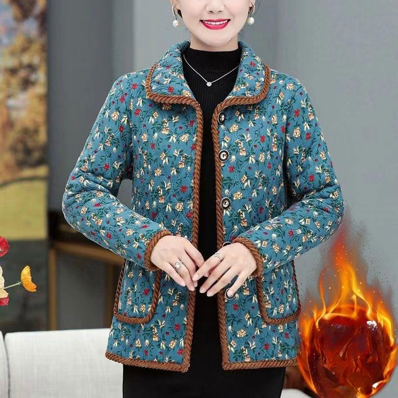Middle-aged Women's Winter Warm Long-sleeved Plus Velvet Home Jacket Autumn and Winter New Thickened All-match Floral Cotton Jacket