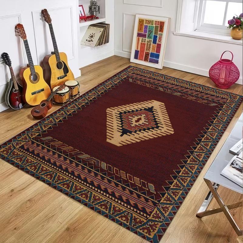 Südwestlicher Stammes-Geometrie-Print Teppich, Bordeauxrot und Beige Fußmatte für Wohnzimmer Schlafzimmer Rustikale Boho Wohnkultur Teppich