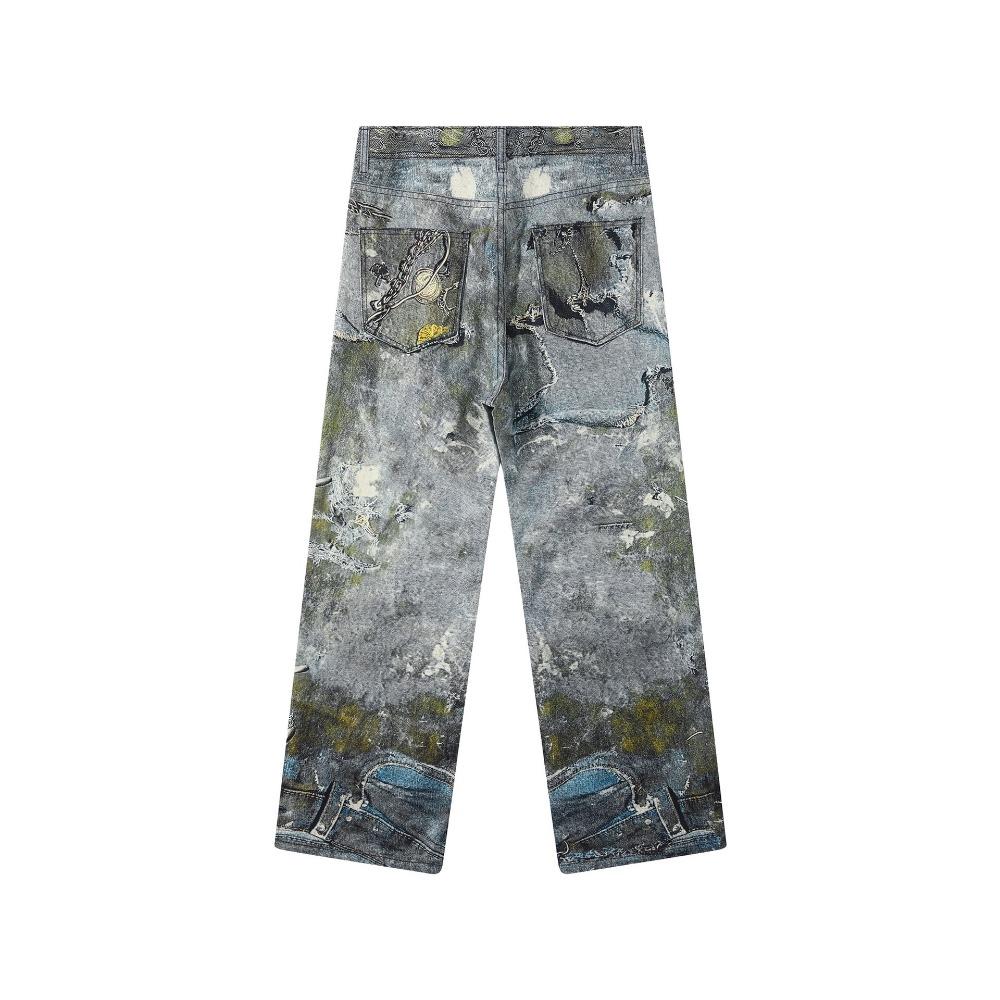 ZYLLO Herr Hög Street Oversized Hip Hop Jeans Byxor 3D-tryckta Vintage Denimbyxor Mode Streetwear Målade Raka Jeans