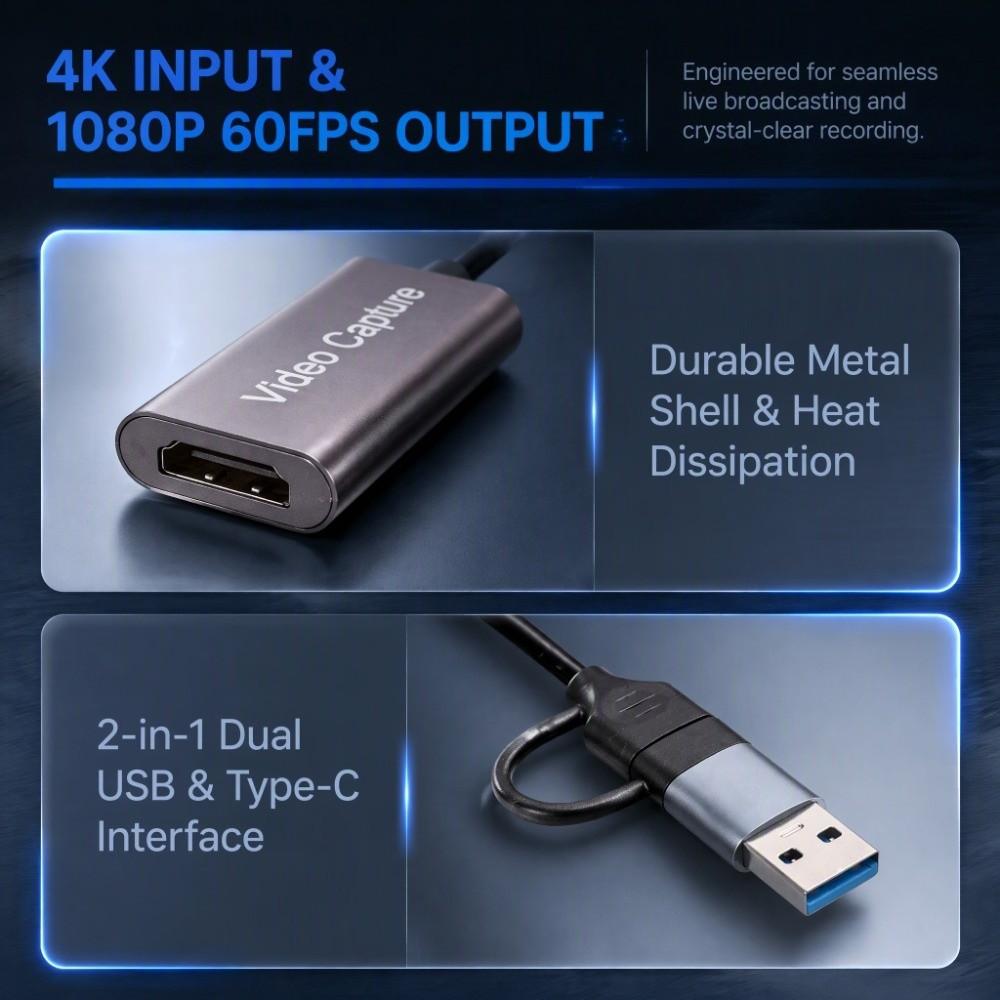 USB Type Game Capture Device 1080P 60FPS HD to USB Adapter Compact Video Capture Card Recording