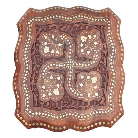 Wood Brass Carving Square Beautiful Carving Design Side Table Coffee, Corner, Outdoor Table Living Room Furniture 30.48 Cm