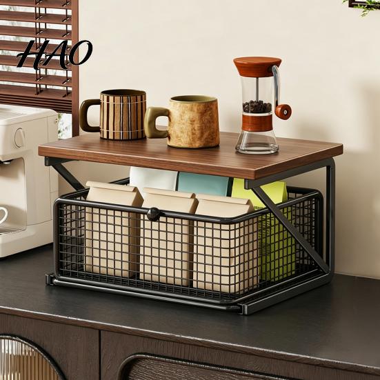 Multi Tier Storage Shelf Coffee Station Organizer with Drawer, Tiered Bar Organizer, Wooden Top Shelf, Capsule Wire Mesh Drawers for Tea Bags,