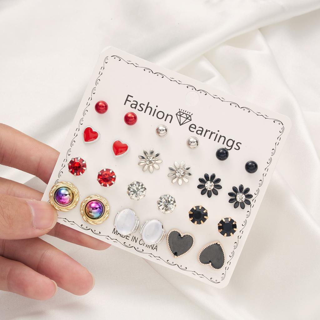 12 Pairs/Lot Heart Flower Earrings Set For Women Rhinestone Simulated Pearl Sun Star Stud Earrings Girls Party Jewelry Wholesale