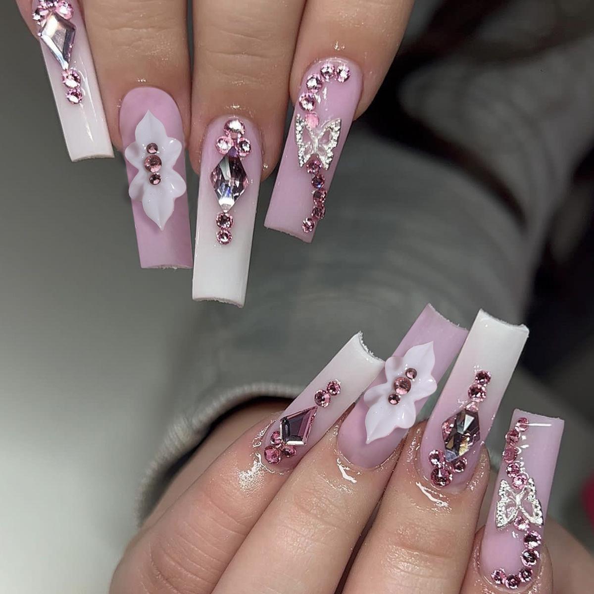 

Butterfly Rhinestone 3D French Long Pipe Wearable False Nails Set