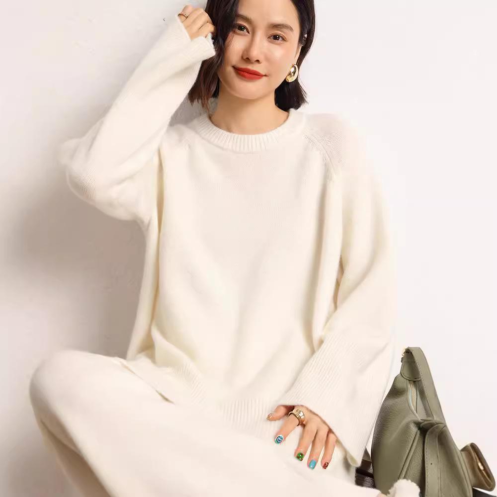 Women's Mid-Length 100% Pure Wool Sweater - Loose Fit, Slit Design, Lazy Style for Autumn and Winter.