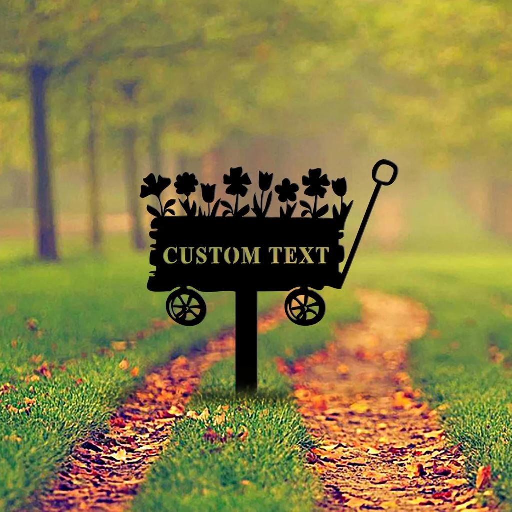 Metal Garden Stake Flower Cart Sign, Rustic Iron Floral Wheelbarrow Decor, Outdoor Plant Bed Marker, Gardening Gift Yard Art