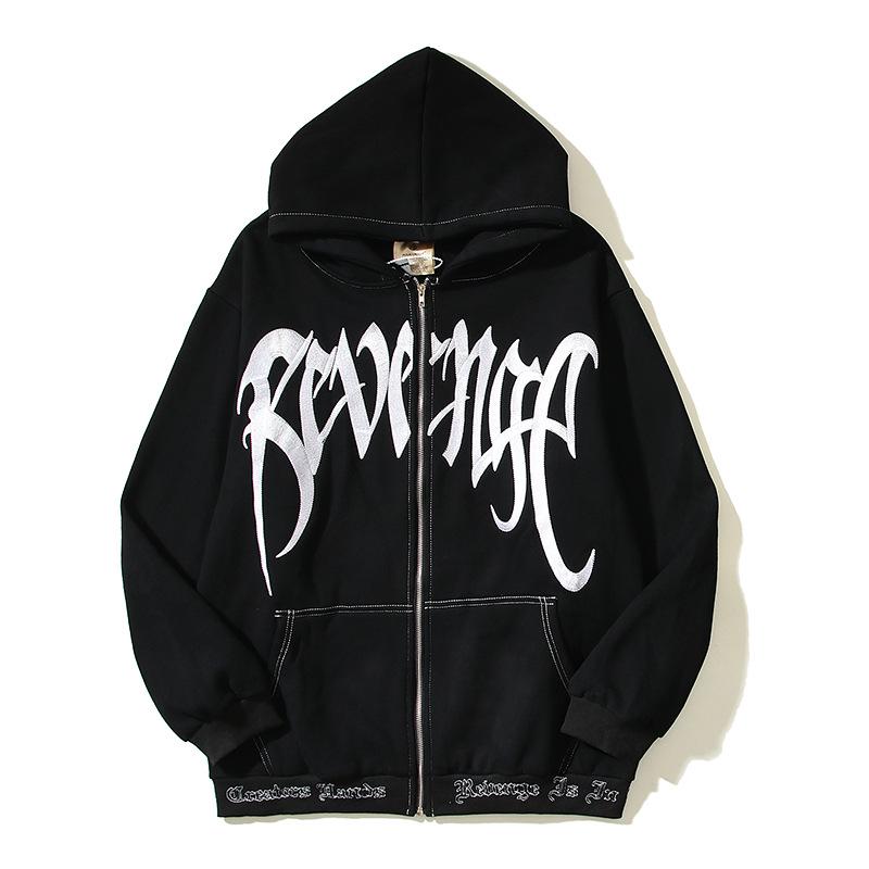 

Autumn/Winter Embroidered Loose Zipper Hoodie with Velvet Lining XXL чёрный