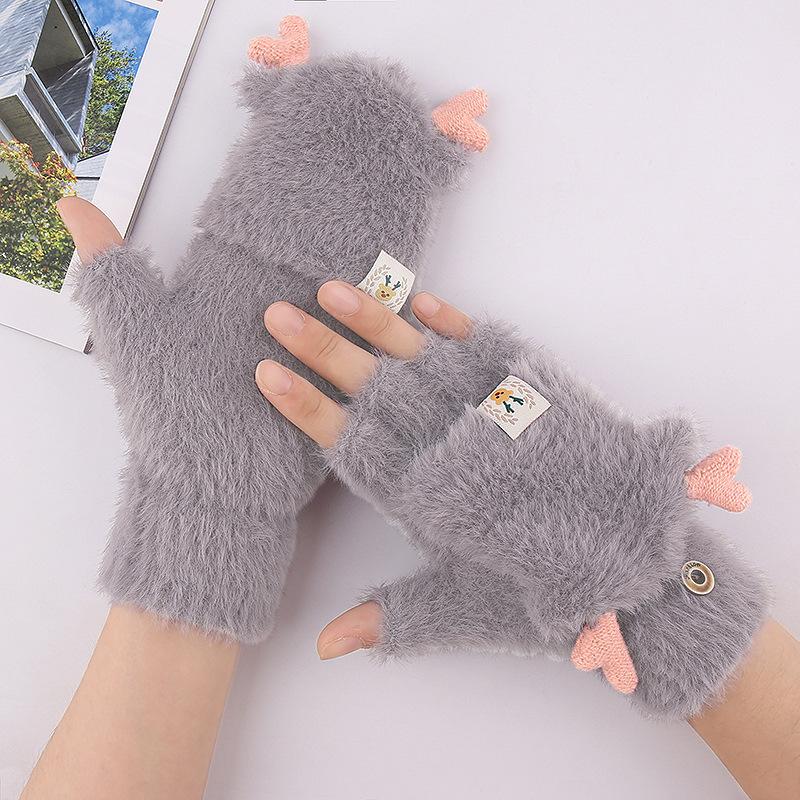 Gants tricotés demi-doigts à rabat pour femmes automne et hiver mignons bois chauds imitation vison étudiant écriture gants sans doigts