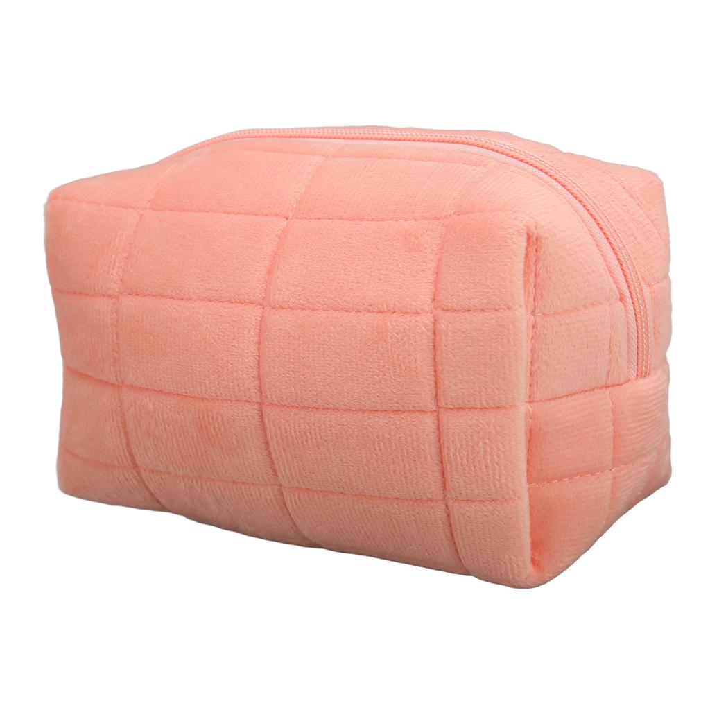 Women Makeup Storage Bag Large Capacity Soft Plush Zipper Closure Checkered Cosmetic Bag