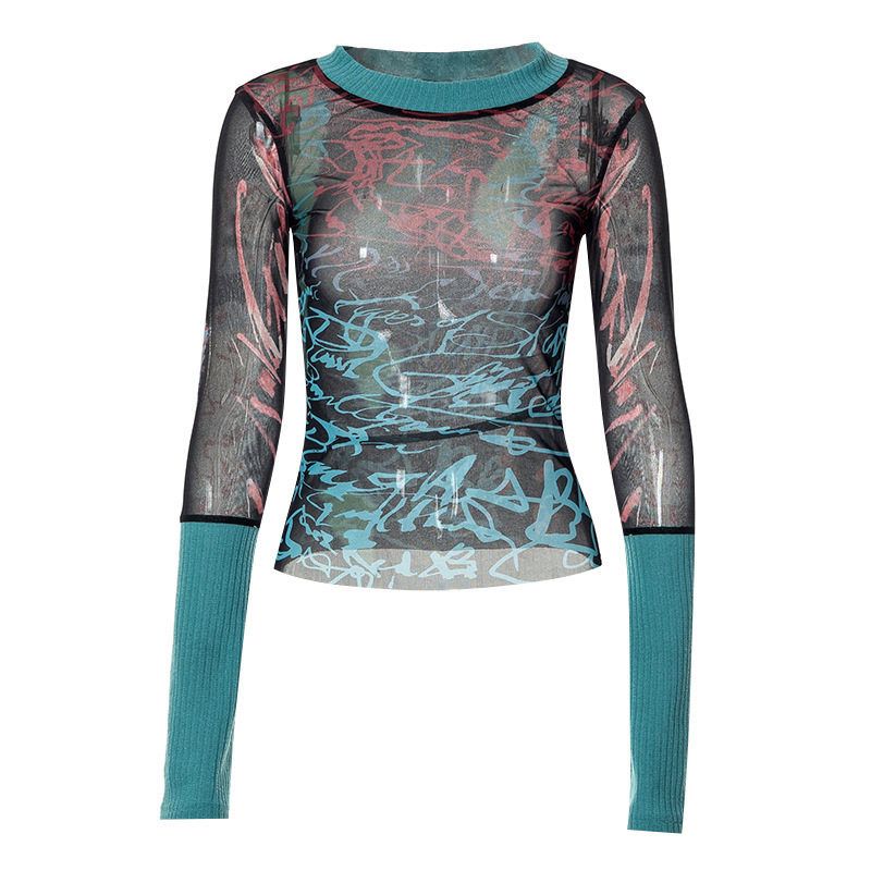 

W320Tp European and American Cross-Border 2024 Round Neck Pullover Long-Sleeve Mesh Fashion Printed Casual European and American Women s Top T-Shirt Green W320Tp XL