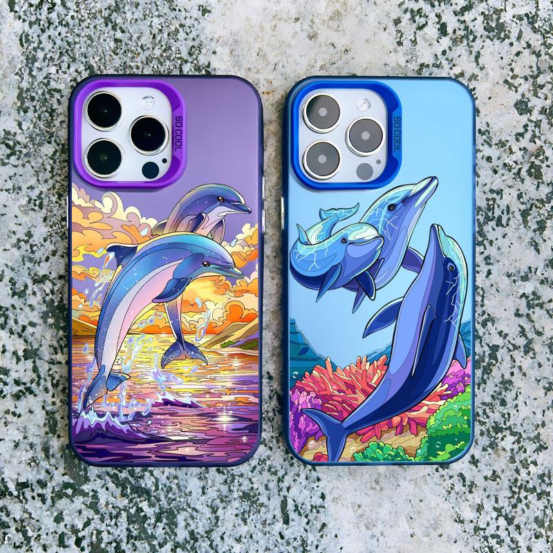 Ocean Animal Cute Dolphin Phone Case For iPhone 16 15 14 Plus Pro Max 11 12 13 Pro Max Mini Shockproof Laser Back Cover Funda