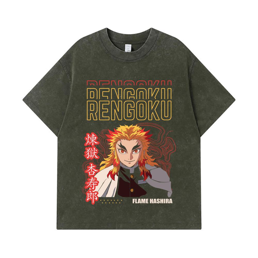 

275 GSM Washed T-shirts 100% Cotton Demon Slayer V117 Rengoku Print Unisex Heavy Cotton T Shirt S армия зеленый