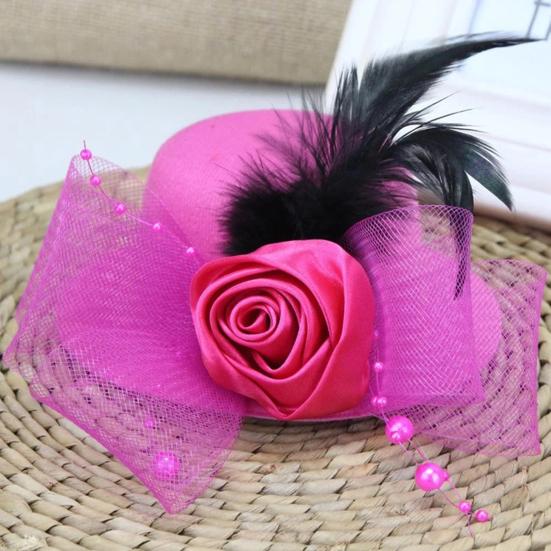 Retro Pillbox Hat Elegant Rose Hat with Feathers Mesh Bow 20s 50s Pillbox Hat for Kids Girls Stage Performances Theme Party Photo Props