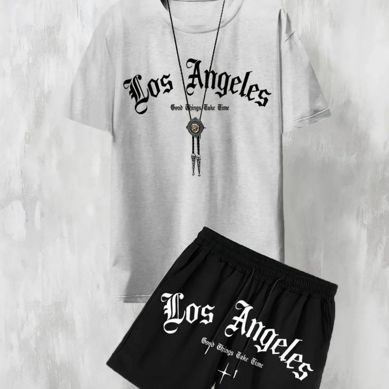 Neues Lässiges Herren-T-Shirt-Shorts-Set mit Los Angeles Buchstabenaufdruck, Bequem, für Draußen, Zweiteiliges Set