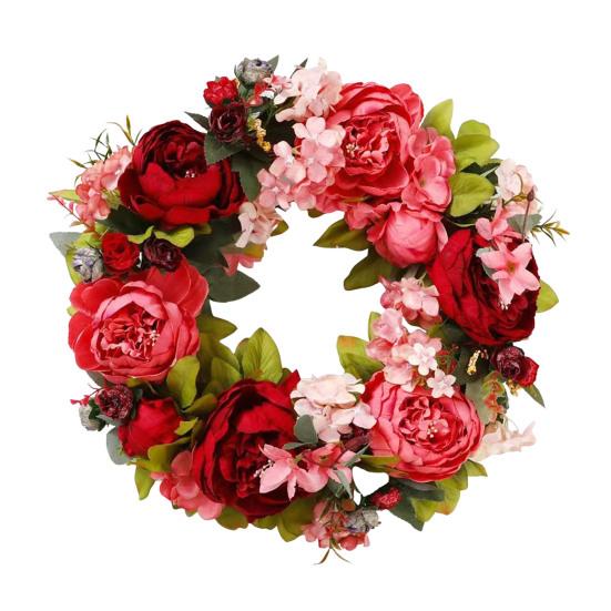 40CM Artificial Peony Wreath Indoor Outdoor Front Door Wall Hanging Fake Flower Garland with Green Leaves Wedding Party Home Decoration