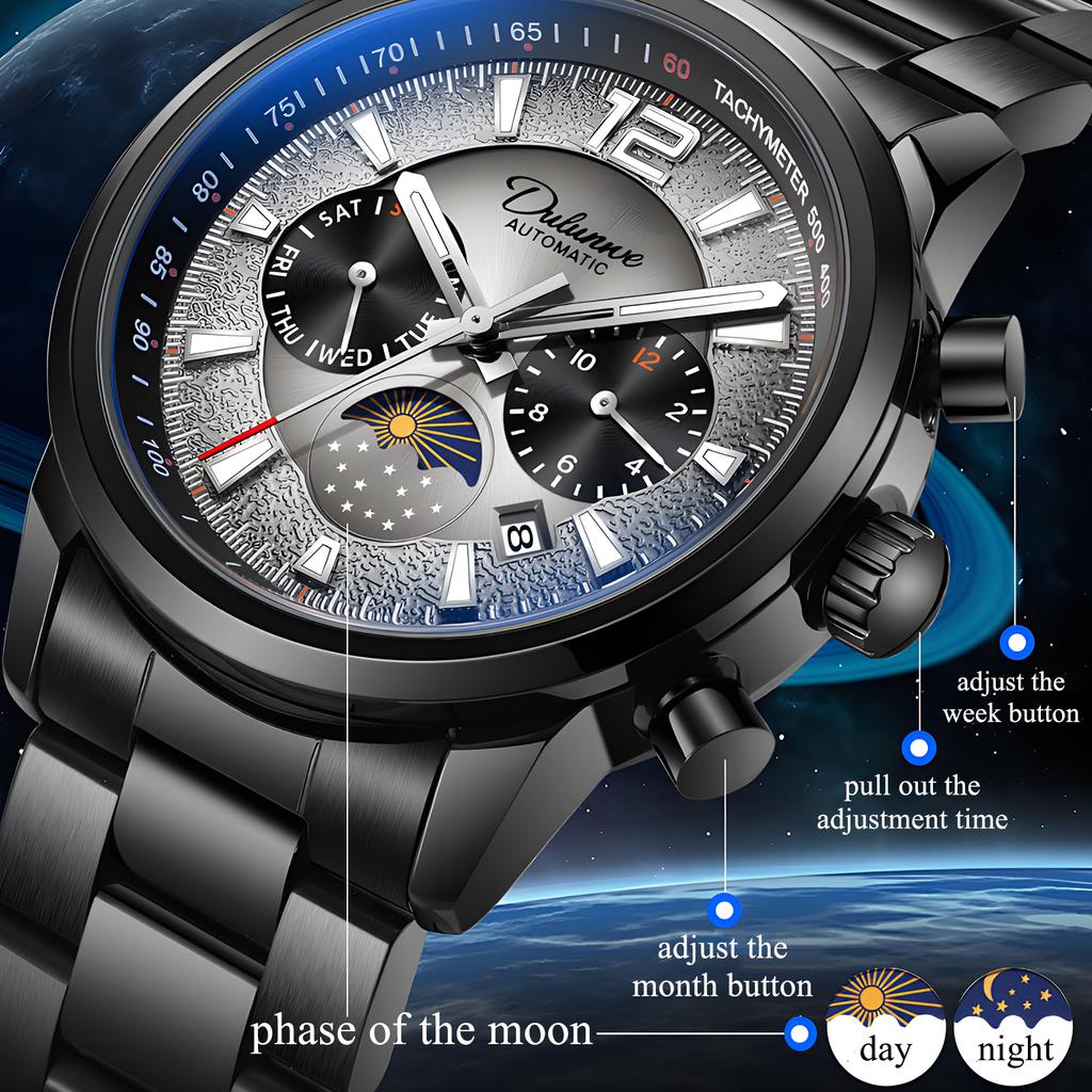 Creative Meteorite Dial Mechanical Watch Moon Phase Window Week Month Calendar Display Men's Waterproof Luminous Mechanical Watch