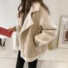 NEEDBO Frauen Winter Jacke Chic Faux Wildleder Pelz Kragen Mäntel Aviator Motorrad Biker Jacken Weibliche Lamm Wolle Mantel
