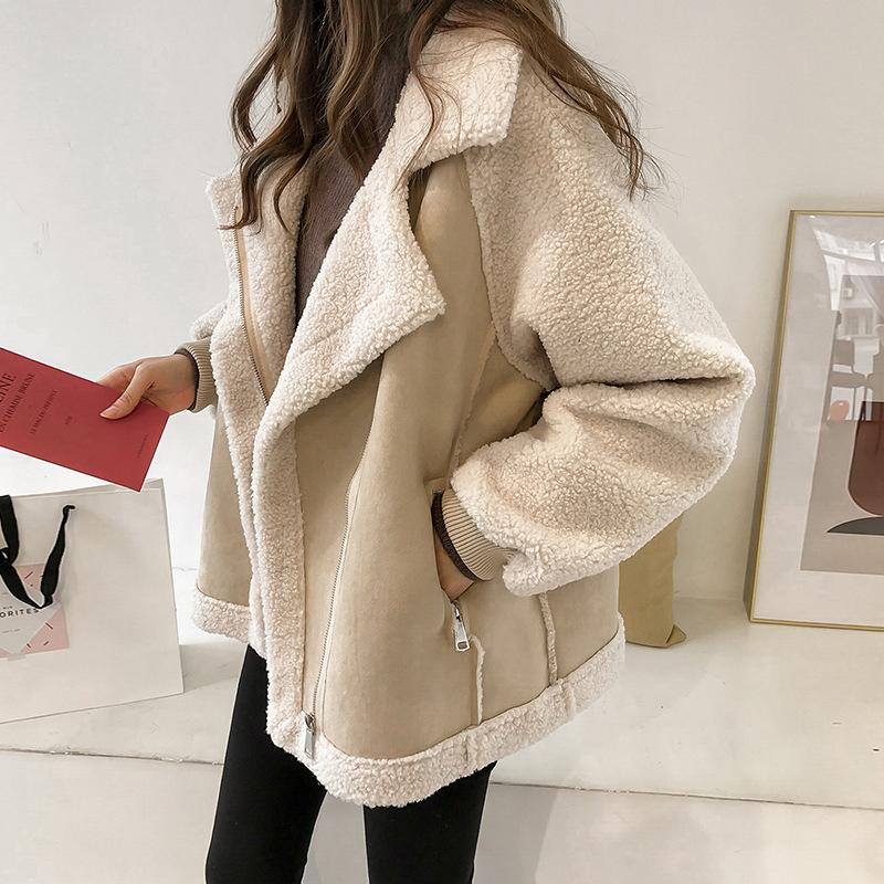 NEEDBO Frauen Winter Jacke Chic Faux Wildleder Pelz Kragen Mäntel Aviator Motorrad Biker Jacken Weibliche Lamm Wolle Mantel