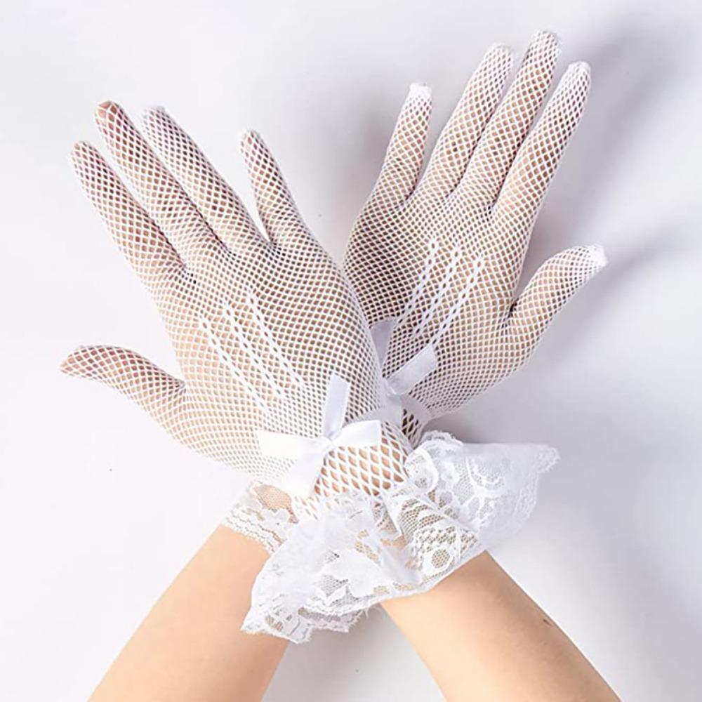 Women Thin Fishnet Mesh Driving Gloves Black White UV Protection Ruffle Lace Gloves