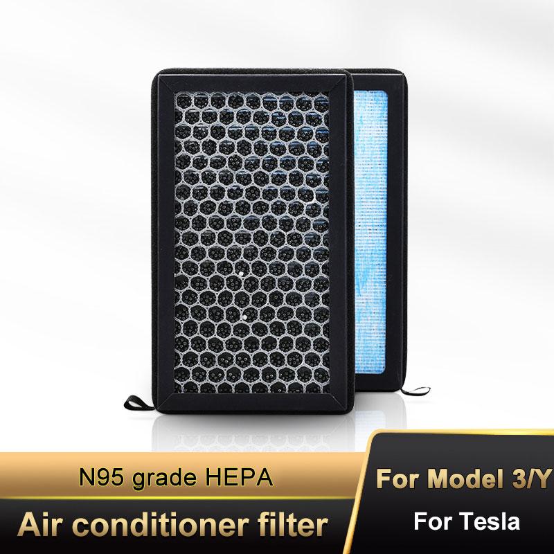 2pcs For Tesla Model 3 Model Y HEPA N95 Carbon Activated PM2.5 Cleaner Air Filter Conditioner Replacement Kit Car Accessories