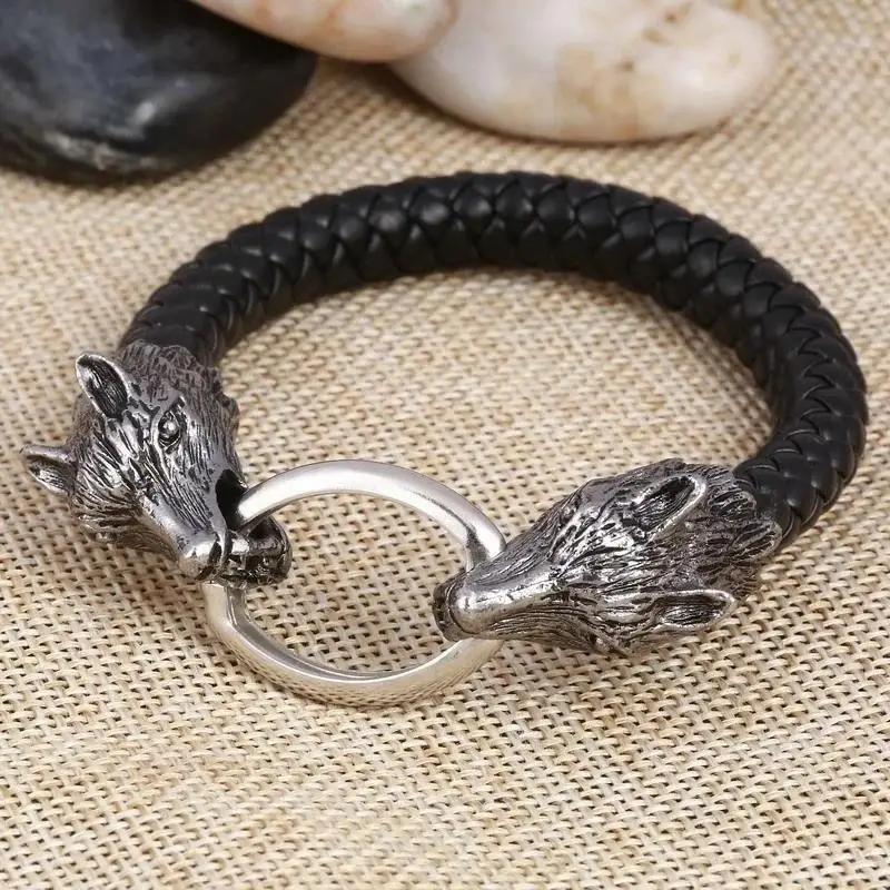 1 Pcs Men Stainless Steel Leather Bracelets Men Jewelry Male Wolf Head Charms Bracelets Wristband Bracelet