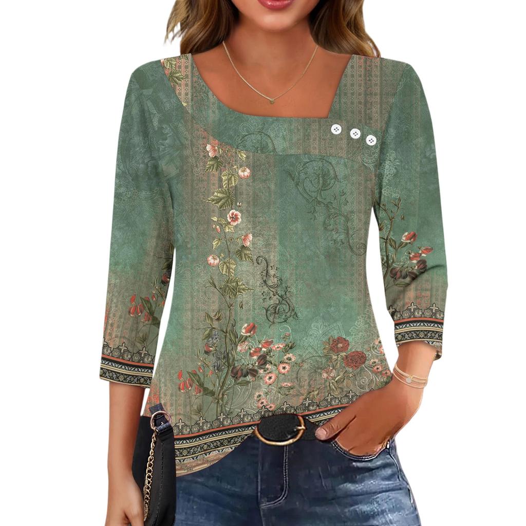 3/4 Sleeve Shirts For Women  Tees Blouses Casual Plus Size Basic Tops Pullover