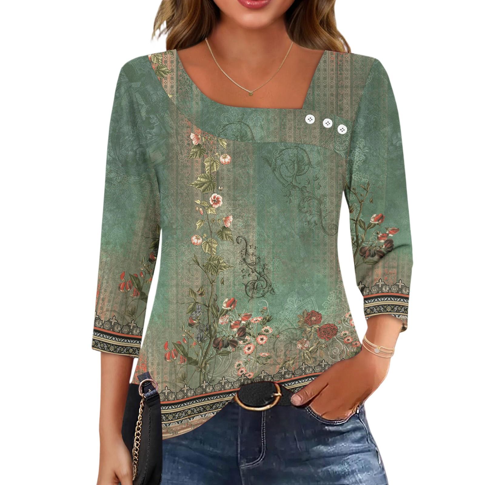 

Рубашки с рукавом 3/4 для женщин Футболки Блузки Повседневные больших размеров Базовые топы Пуловер L армия зеленый